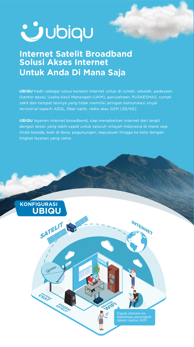 Ubiqu Internet Satelit Broadband Solusi Akses Internet Untuk Anda Di Mana Saja UBIQU hadir sebagai solusi koneksi internet untuk di rumah, sekolah, pedesaan (kantor desa), Usaha Kecil Menengah (UKM), perusahaan, PUSKESMAS, rumah sakit dan tempat lainnya yang tidak memiliki jaringan komunikasi sinyal terrestrial seperti ADSL, fiber optik, radio atau GSM (3G/4G). UBIQU layanan internet broadband, siap menebarkan internet dari langit dengan akses yang lebih cepat untuk seluruh wilayah Indonesia di mana saja Anda berada, baik di desa, pegunungan, kepulauan hingga ke kota dengan tingkat layanan yang sama. KONFIGURASI UBIQU SATELIT INTERNET ubiqu ROUTER WIF Dapat dishare ke beberapa perangkat dalam radius WiFi